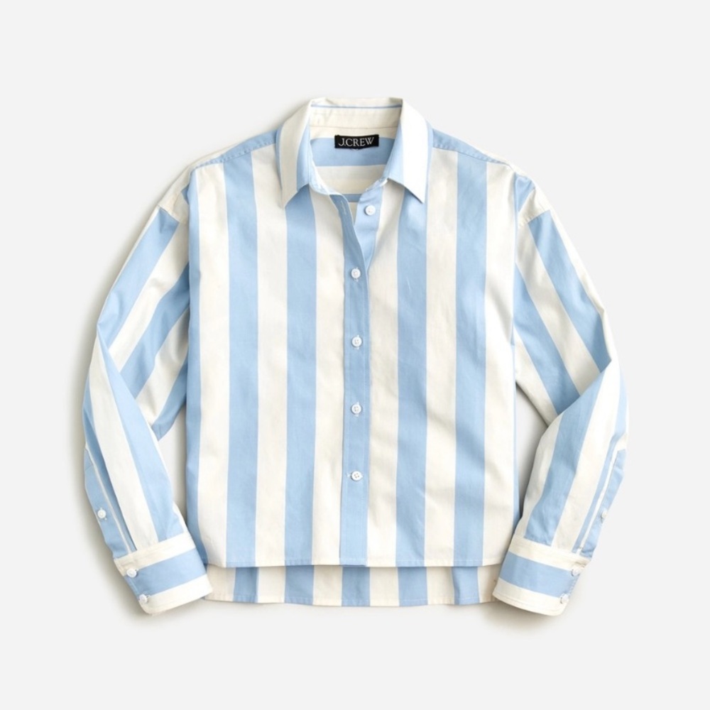 Women’s J.Crew 100% Cotton Blue and White Striped Boxy Cropped Button Down Sz 12